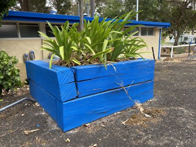 A TOUCH OF BLUE. PAINTED RAILWAY SLEEPER BEDS ADD A SPLASH OF COLOUR
