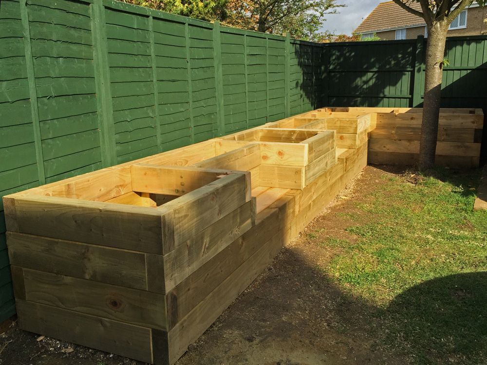 Les Mable's raised beds with bench seats from new railway sleepers