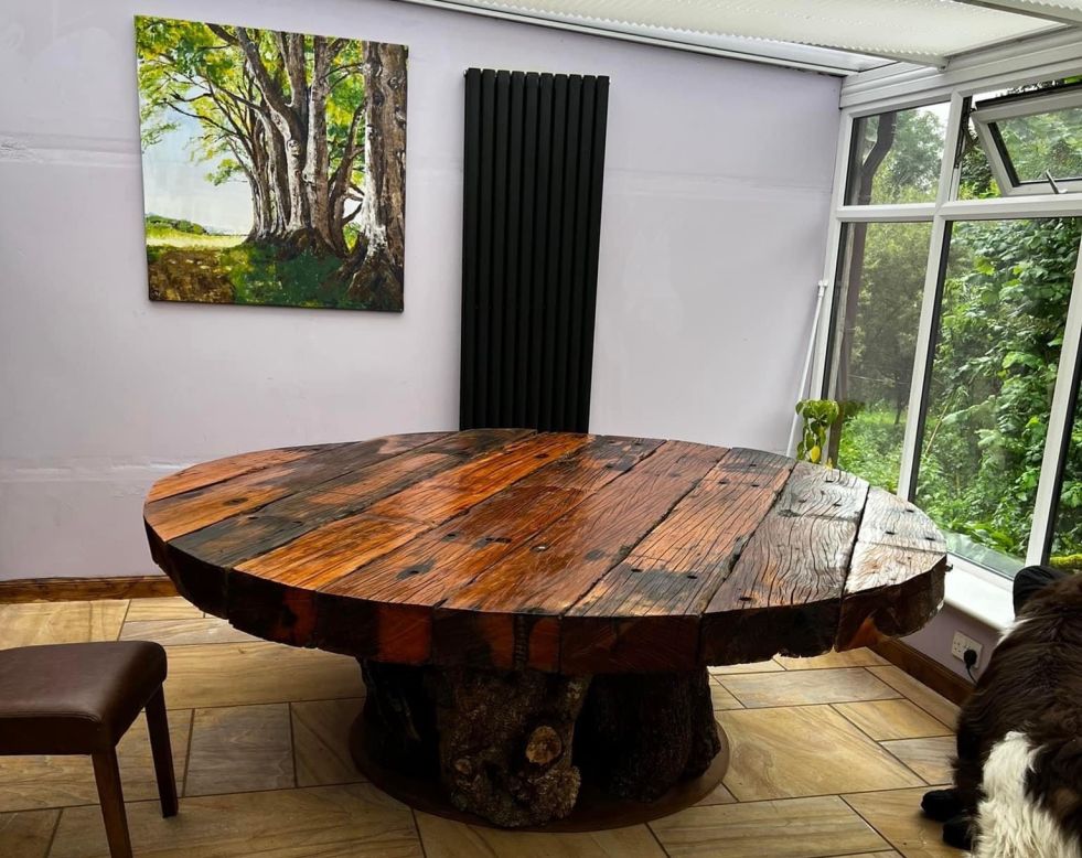 Huge Scottish table made from used tropical hardwood railway sleepers. Railwaysleepers.com