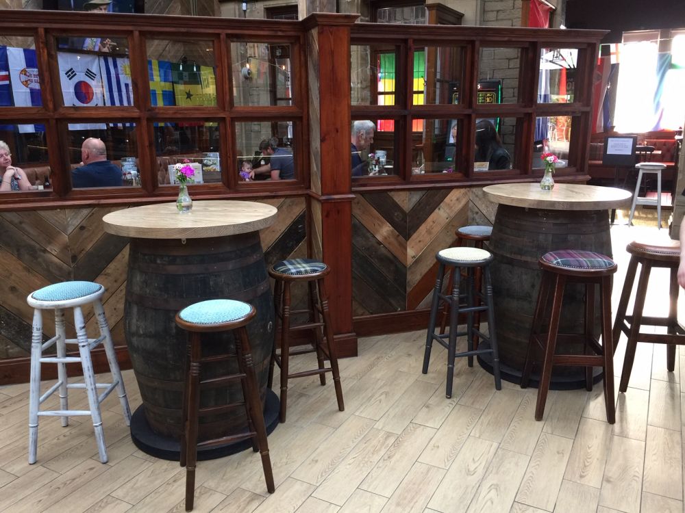 Oak barrels used in pubs and cafes as unusual tables. Railwaysleepers.com 