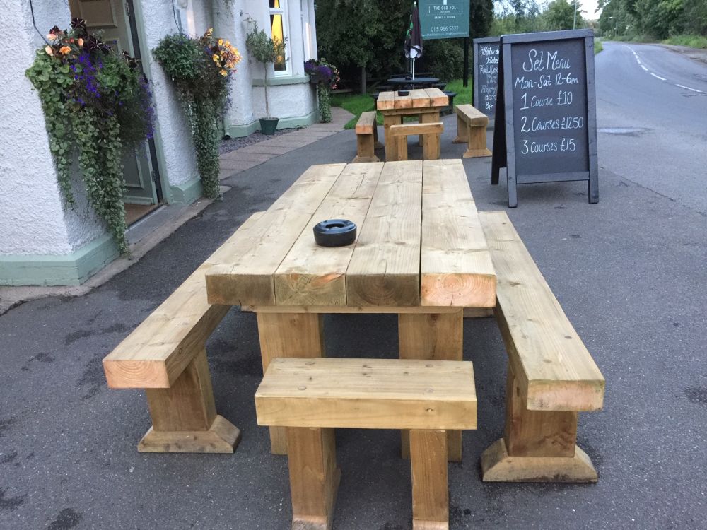 Outside pub table and benches made from new pine railway sleepers. Railwaysleepers.com