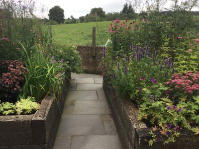 Elizabeth's beautiful raised beds from old weathered railway sleepers