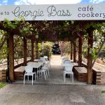 THE ENTRANCE TO THE GEORGIE BASS CAFE IN FLINDERS MADE WITH EYE-CATCHING NEW RAILWAY SLEEPER RAISED BEDS
