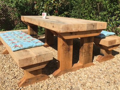 JAMES'S OAK TABLE AND BENCHES FROM NEW OAK RAILWAY SLEEPERS
