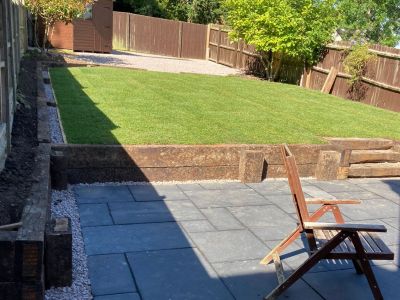 Andy's bold steps & terrace walls with old oak railway sleepers