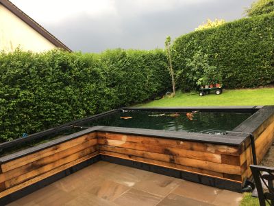 A SPLASH OF COLOUR! RUSSELL'S LARGE RAISED KOI POND FROM NEW OAK RAILWAY SLEEPERS