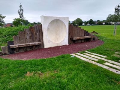 ROB'S UNIQUE 'SOUND MIRROR' SCULPTURE PROJECT WITH SEATING AND WALLS FROM OLD RAILWAY SLEEPERS
