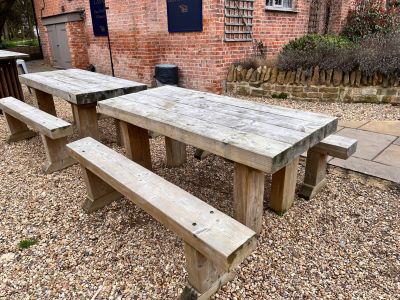 SIMPLE RAILWAY SLEEPER TABLES & BENCHES AT BELVOIR CASTLE, LEICESTERSHIRE