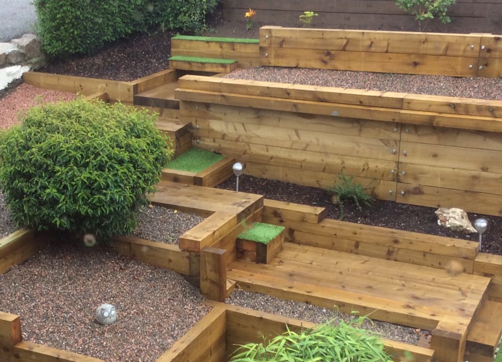 Landscaping on a slope with new railway sleepers