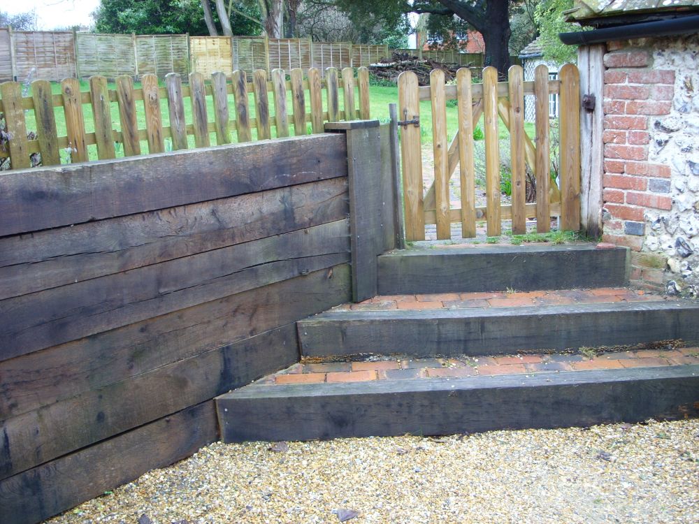 steps & retaining wall from new oak railway sleepers